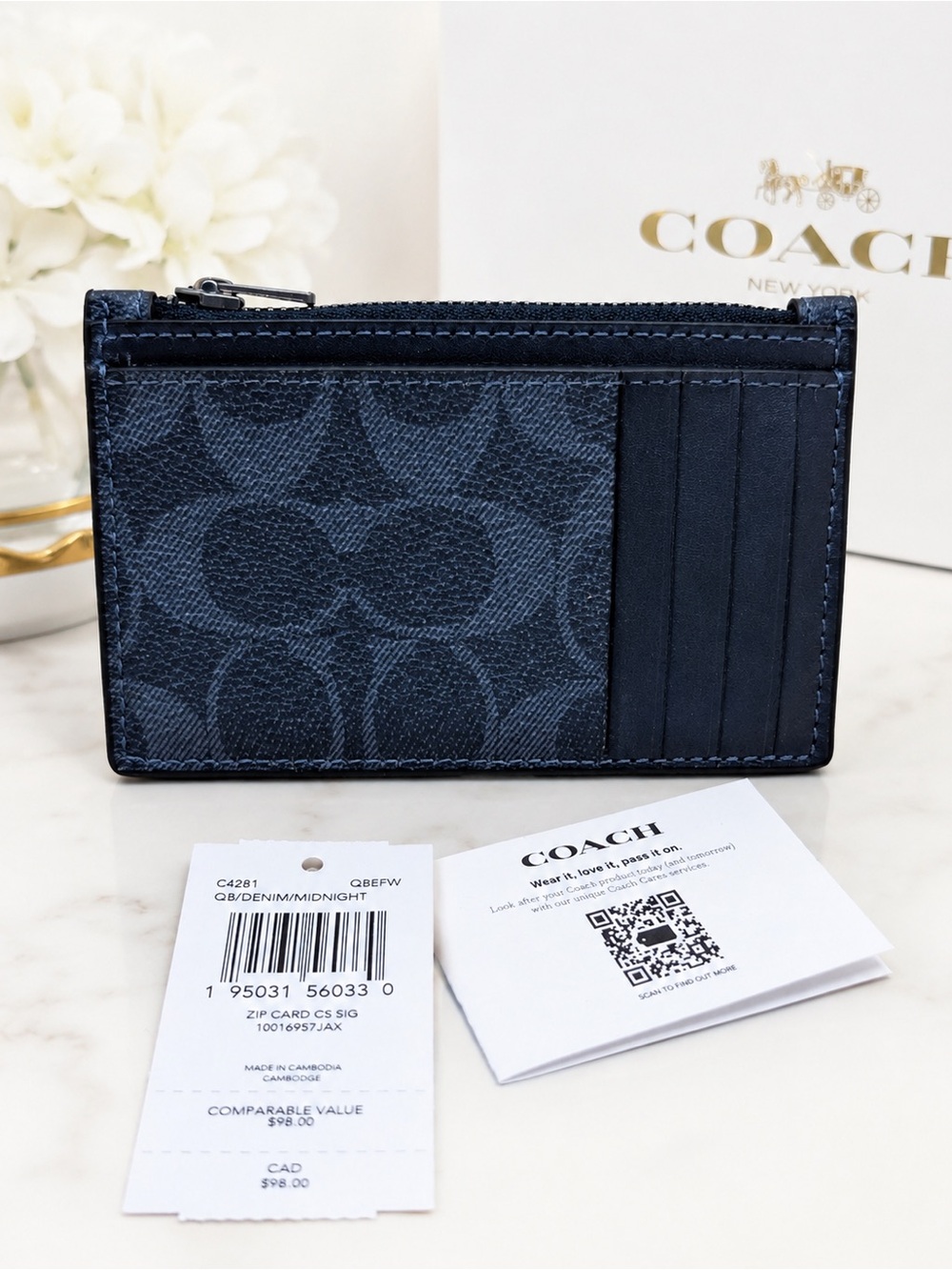 NWT Coach C4281 Signature Zip Card Case Wallet Denim Midnight $98